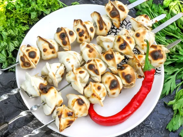 Фото готового блюда: Шашлык из пельменей на мангале