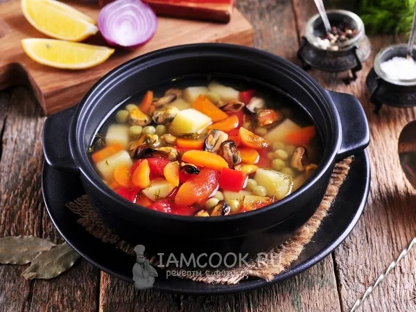 Фото блюда: Рыбный суп с овощами и мидиями