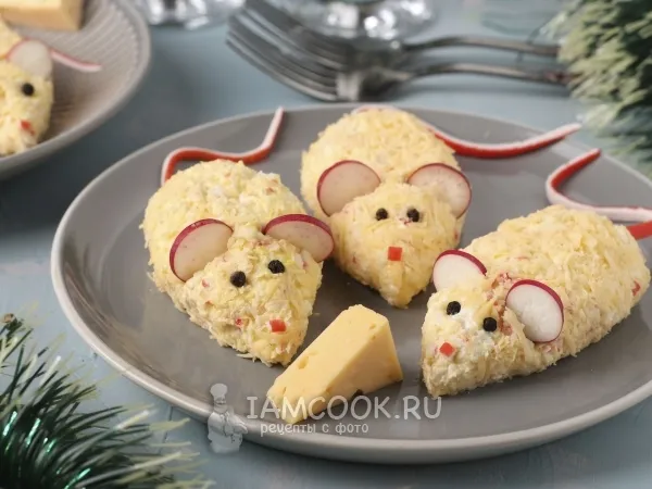 Фото блюда: Закуска «Мышки» из сыра и крабовых палочек