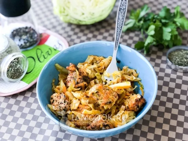 Фото готового блюда: Капуста с курицей в рукаве в духовке