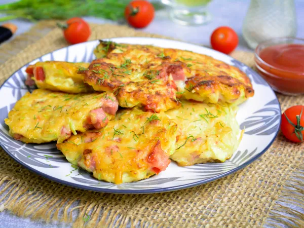 Фото блюда: Оладьи из кабачков с колбасой и помидорами