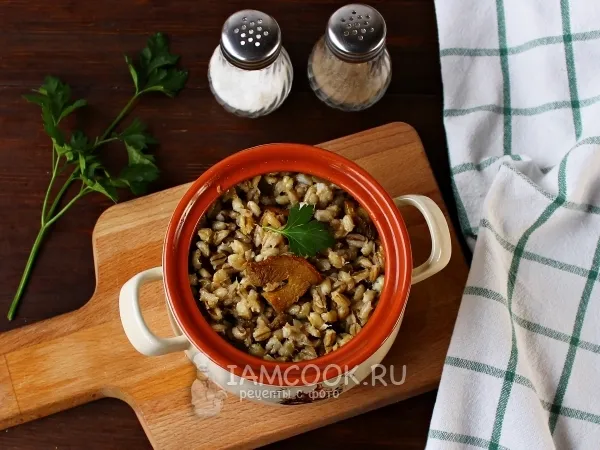 Фото готового блюда: Перловая каша с грибами в горшочке