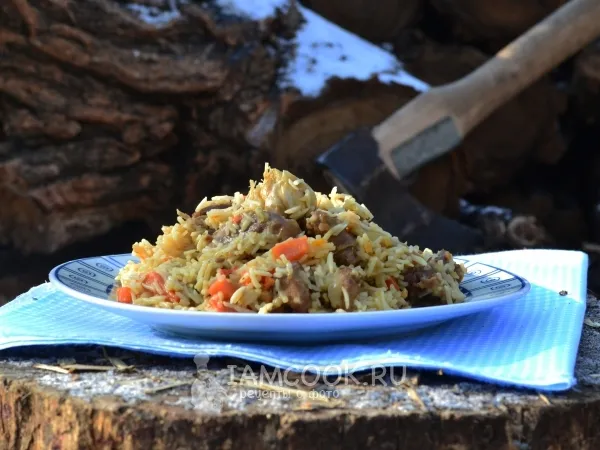 Фото готового блюда: Плов в казане на костре
