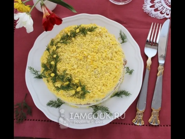 Фото готового блюда: Салат «Мимоза» с сыром и сливочным маслом