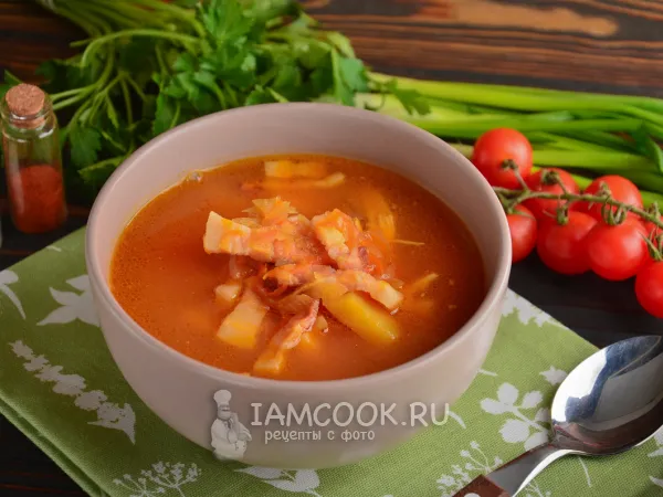 Фото готового блюда: Борщ с курицей и копченой свиной грудинкой