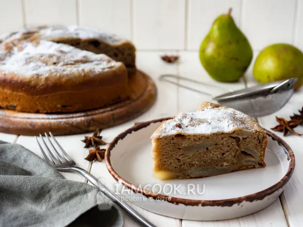 Фото готового блюда: Пышная шарлотка с грушами на кефире в духовке