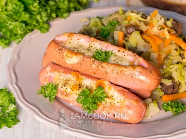 Фото готового блюда: Сосиски с сыром, запеченные в духовке