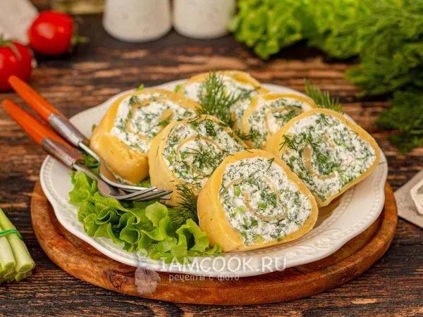 Фото блюда: Сырный рулет с зеленью и творогом
