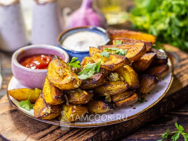 Фото готового блюда: Картошка по-деревенски на сковороде с чесноком