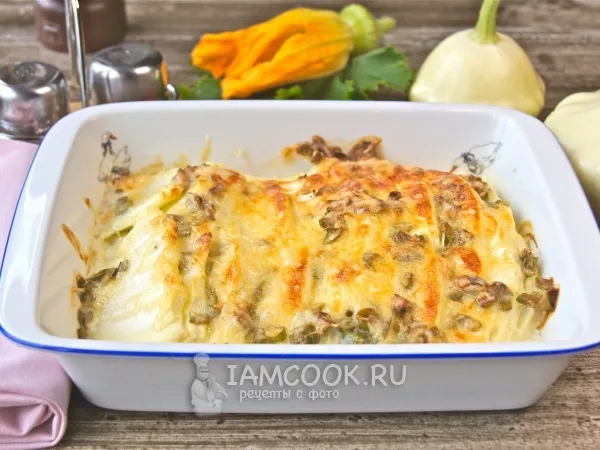 Фото блюда: Патиссоны, запеченные в духовке с сыром и сметаной