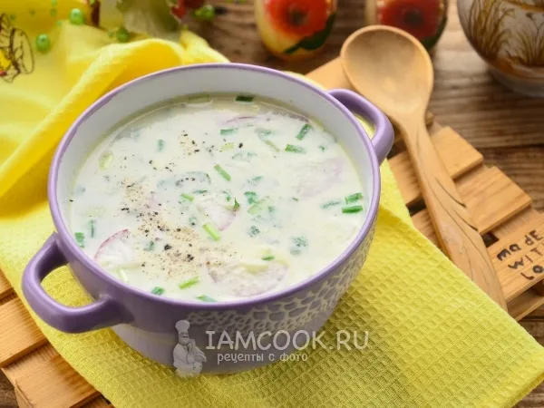 Фото блюда: Окрошка на майонезе с колбасой (классический рецепт)