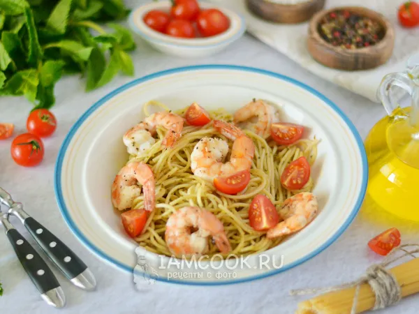 Фото блюда: Паста с креветками в соусе песто