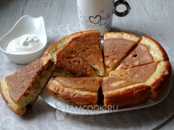 Фото блюда: Заливной пирог с грибами на сковороде