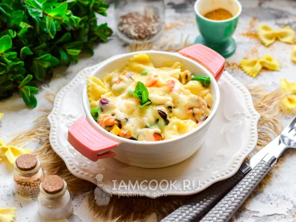 Фото блюда: Макароны с мидиями под сырной корочкой в духовке