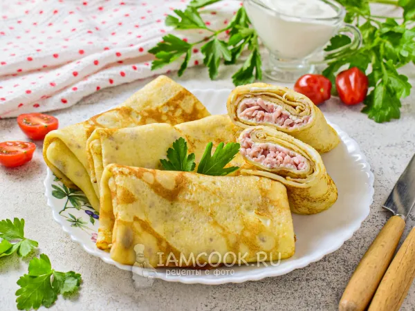 Фото блюда: Блины с творожным сыром и ветчиной