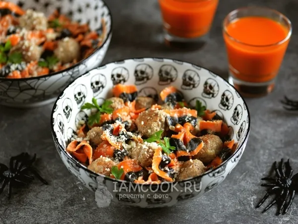 Фото блюда: Паста фарфалле с фрикадельками на Хэллоуин