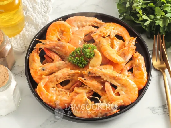 Фото блюда: Жареные креветки с майонезом и чесноком (на сковороде)