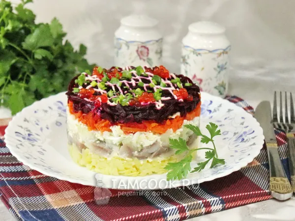 Фото готового блюда: Селедка под шубой с маринованным луком