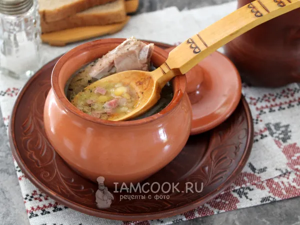 Фото готового блюда: Гороховый суп в духовке в горшочке