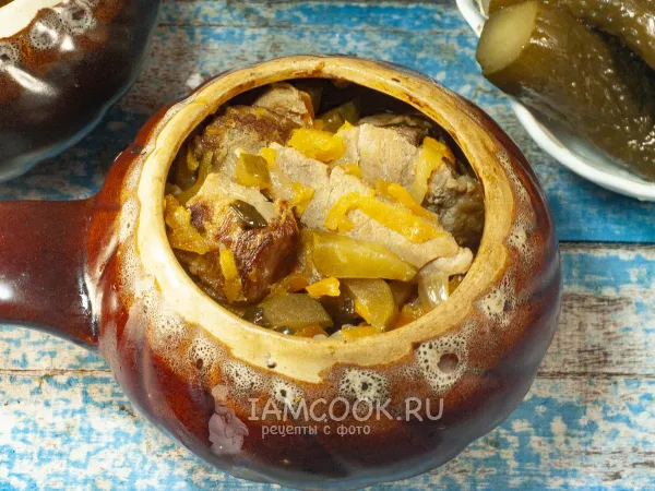 Фото готового блюда: Мясо в горшочке с солеными огурцами