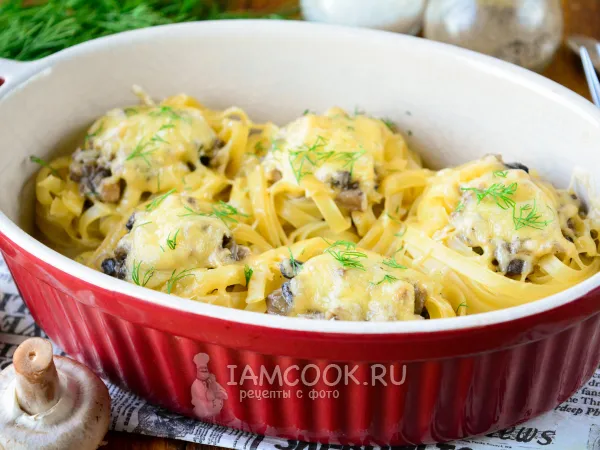 Фото блюда: Макароны-гнезда с грибами и сыром в духовке
