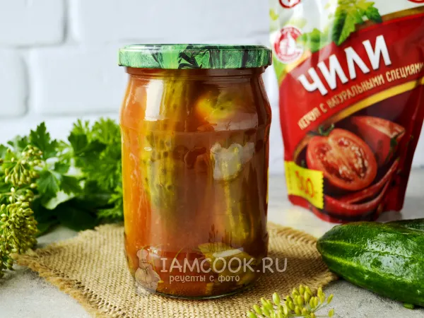 Фото блюда: Маринованные огурцы с кетчупом чили Махеев на зиму