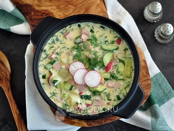 Фото блюда: Окрошка с колбасой на айране (классический рецепт)