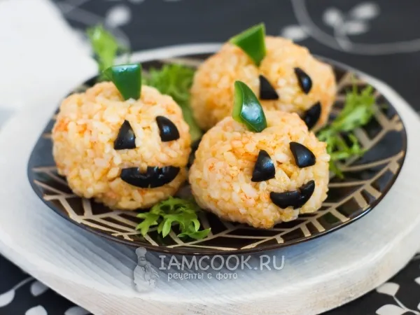 Фото блюда: Рисовые шарики «Тыквы» на Хэллоуин