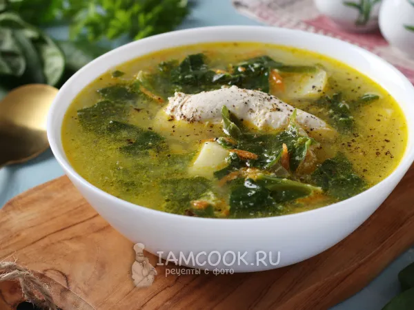 Фото готового блюда: Куриный суп со шпинатом и яйцом