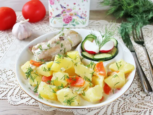 Фото готового блюда: Тушеная картошка с курицей в сметане