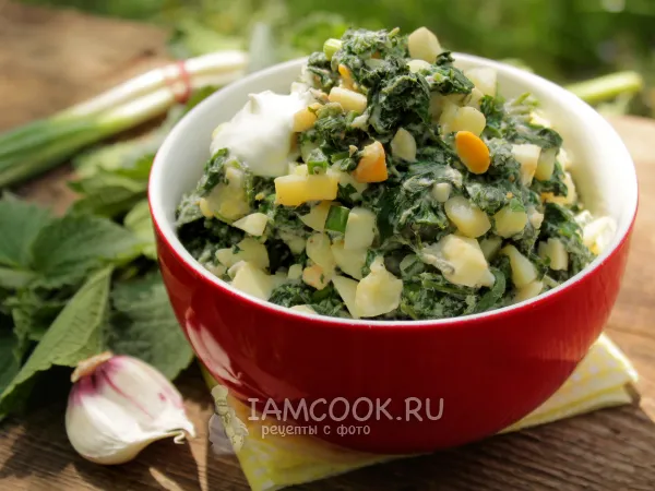 Фото готового блюда: Салат из крапивы с яйцом и картофелем (со сметаной)