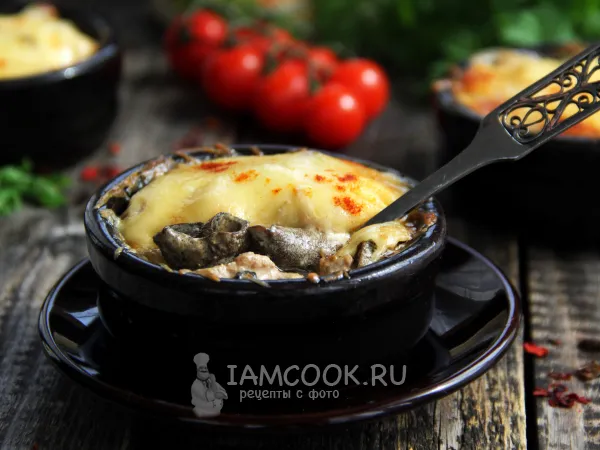 Фото готового блюда: Жульен из сушеных грибов с курицей