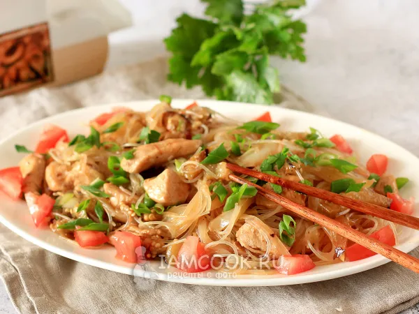 Фото блюда: Фунчоза с курицей, баклажанами и перцем