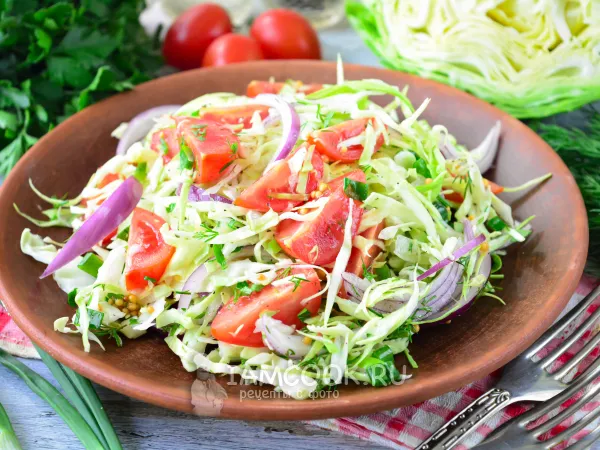 Фото готового блюда: Салат из молодой капусты с помидорами