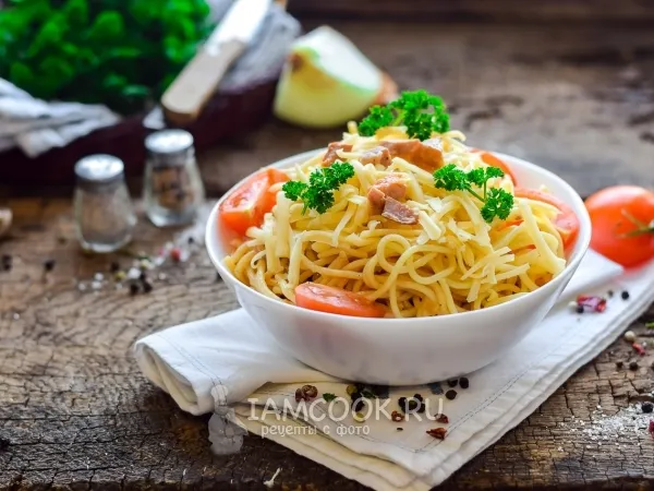 Фото блюда: Спагетти с ветчиной и сыром