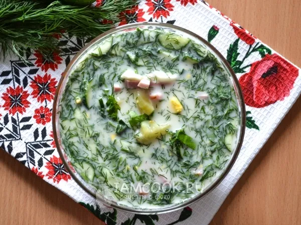 Фото блюда: Окрошка с колбасой на квасе (классический рецепт)