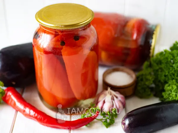 Фото блюда: Перец, фаршированный баклажанами (рулетиками), на зиму