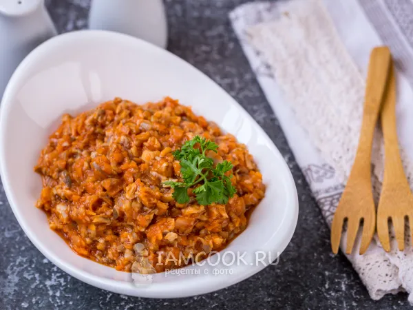 Фото готового блюда: Грибная икра с помидорами, луком и морковью