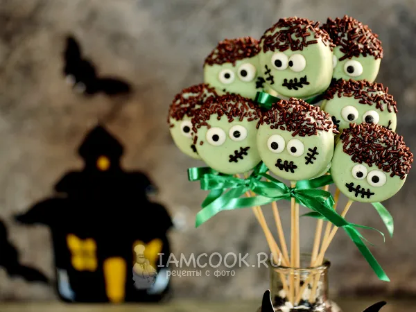 Фото блюда: Кейкпопсы Франкенштейн на Хэллоуин