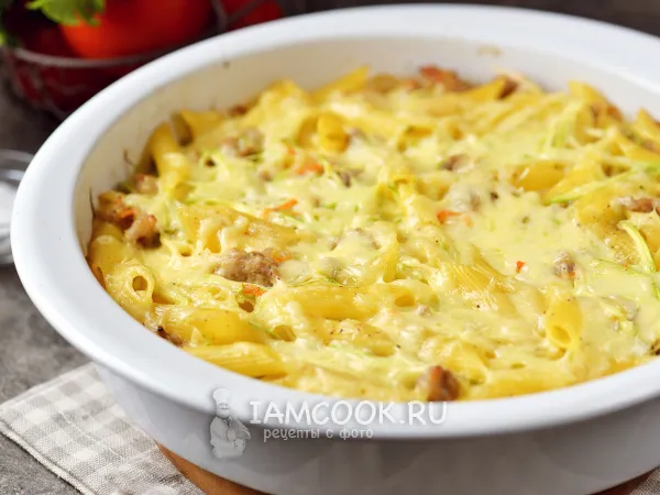 Фото блюда: Запеканка из кабачков с макаронами и фаршем в духовке
