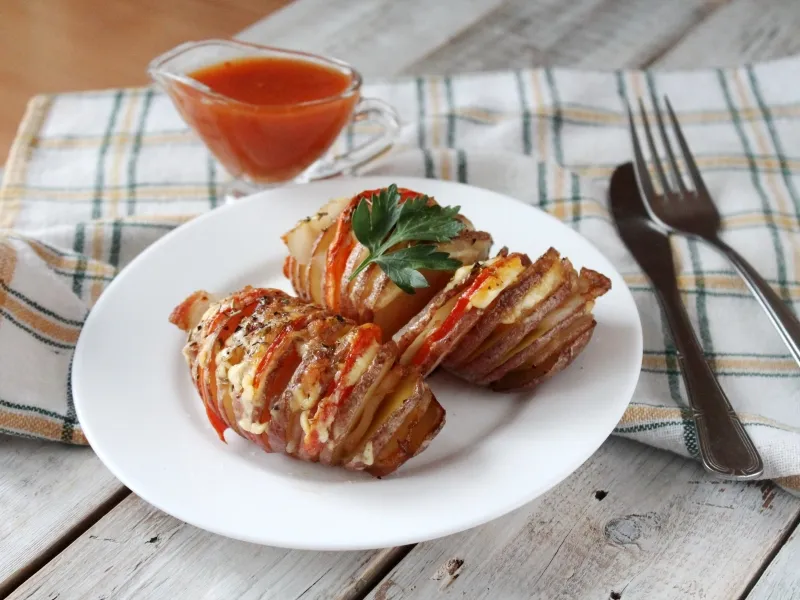 Фото блюда: Картошка-гармошка с беконом и помидором в духовке