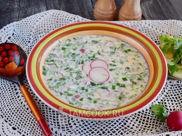 Фото блюда: Окрошка на кефире с колбасой (классический рецепт)