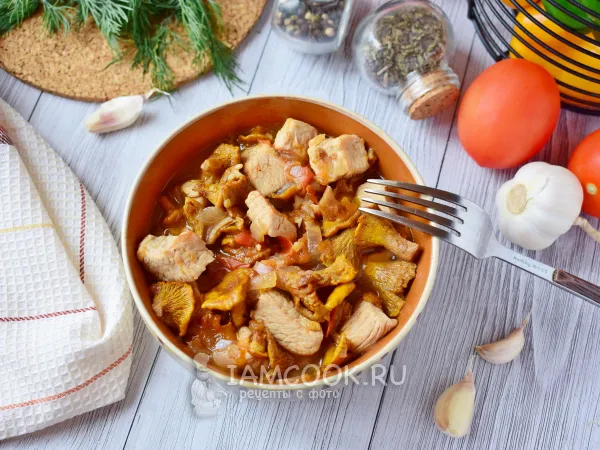 Фото готового блюда: Индейка с лисичками (тушеные)