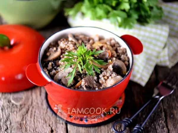 Фото готового блюда: Гречка с грибами и курицей в горшочке (в духовке)