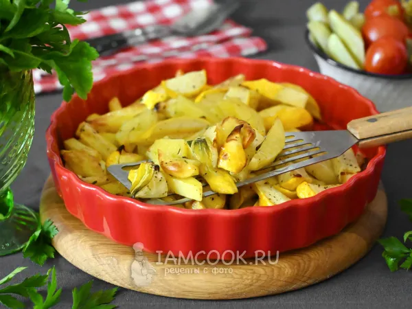 Фото готового блюда: Патиссоны с картошкой в духовке