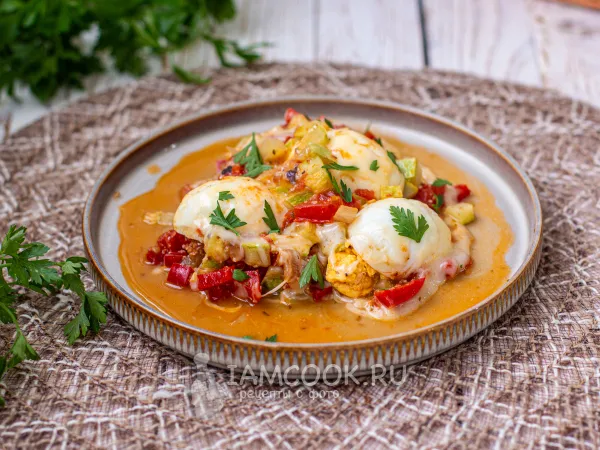 Фото блюда: Отварные яйца с овощами на сковороде