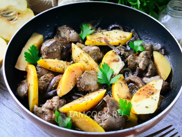 Фото блюда: Куриная печень с айвой (на сковороде)