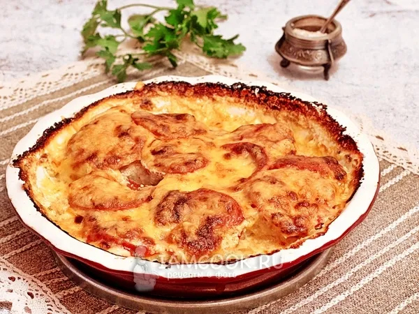 Фото блюда: Треска в сметане с помидорами в духовке