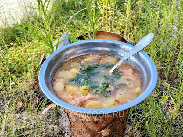 Фото готового блюда: Картошка с тушенкой в казане на костре