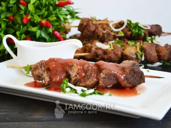 Фото готового блюда: Шашлык в духовке в банке на шпажках